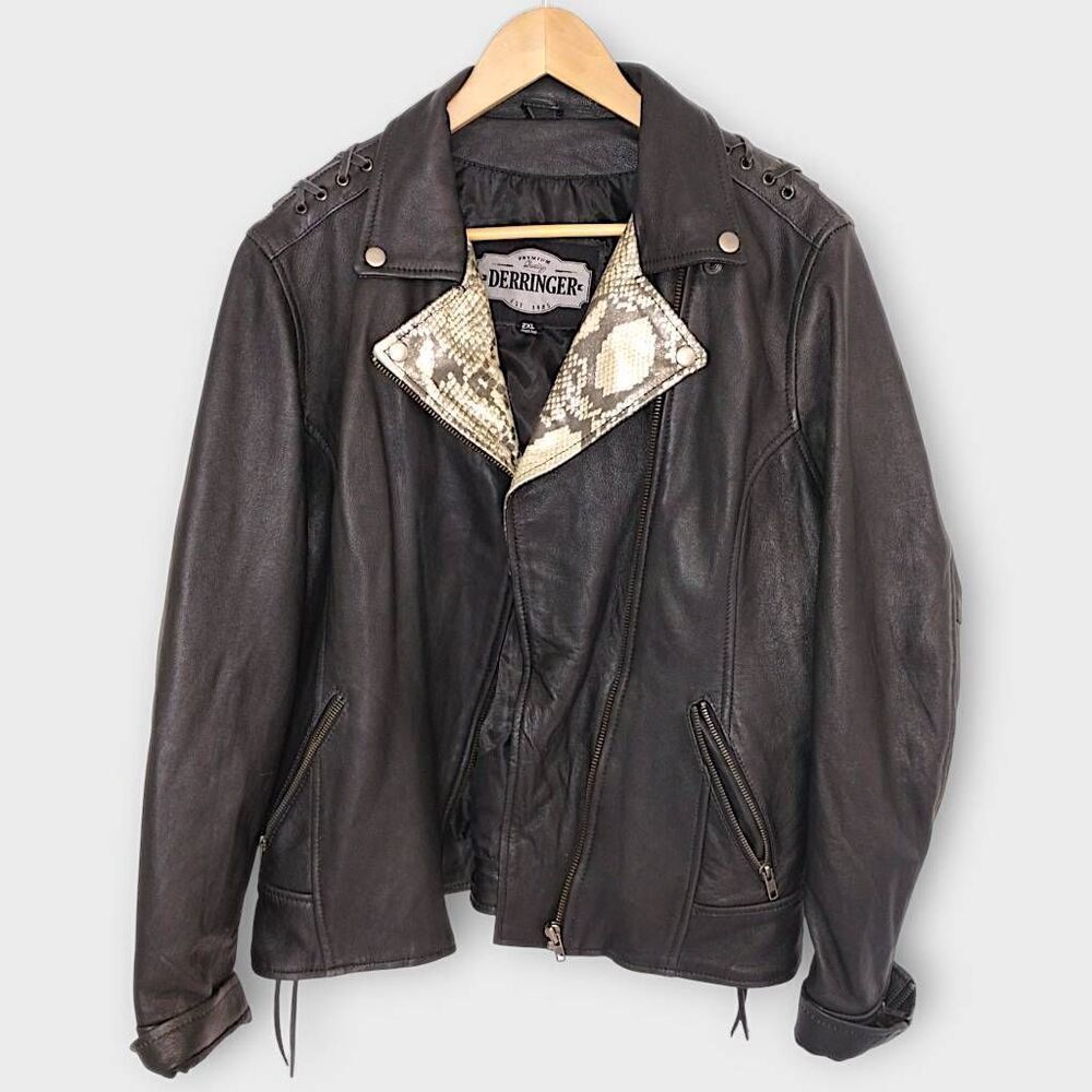 Derringer Womens Biker Jacket Sz 2XL Black Leather Reptile Laceup Zip Coat Gorp‎